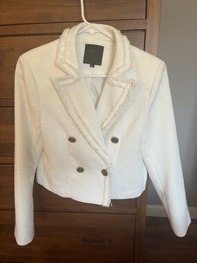 White Cropped Double-Breasted Bouclé Blazer